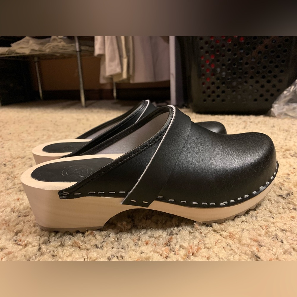 Black leather clogs with wood soles NWOB
